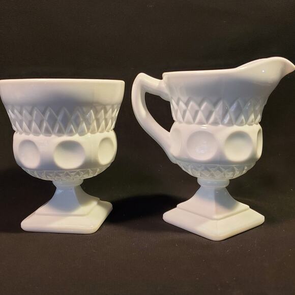 2 Pc Vintage Colony Milk Glass Open Sugar n Creamer Set in Lacette - Picture 2 of 16